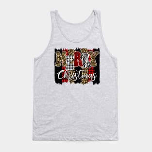 Merry Christmas Cheetah and Buffalo Plaid Paint Design Tank Top